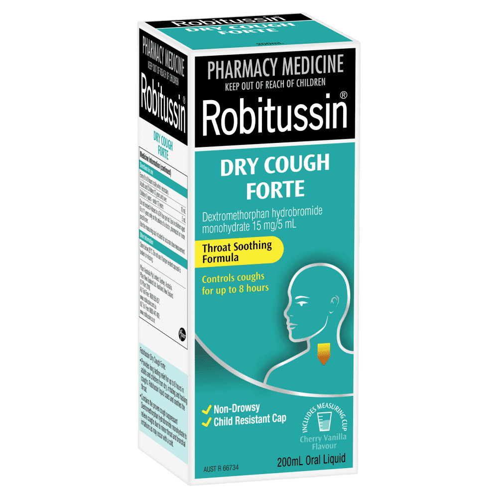 Robitussin Dry Cough Forte 200mL Oral Liquid - Cherry Vanilla Throat Soothing