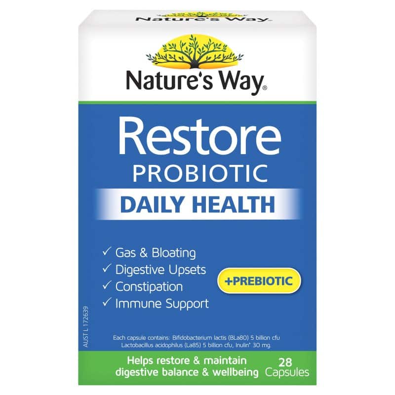 Nature's Way Restore Probiotic Daily Health 28 Capsules Gas Bloating ...