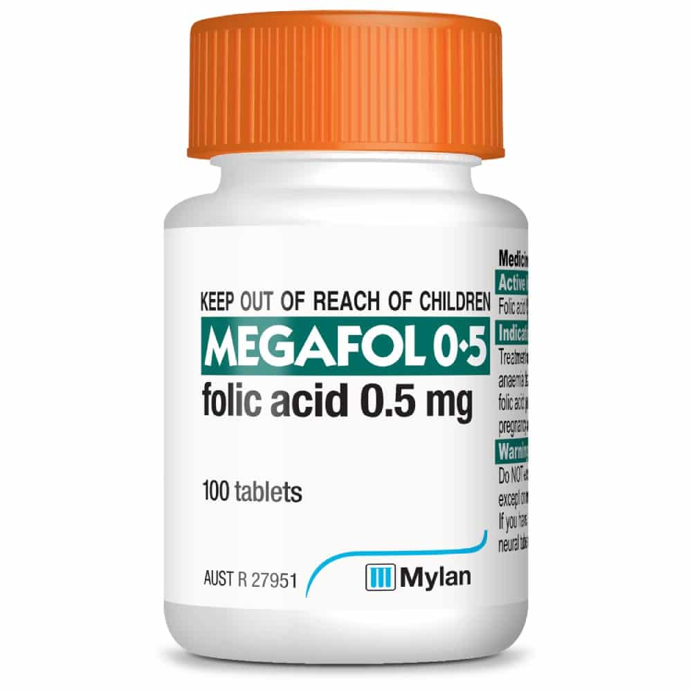MEGAFOL 0.5 100 Tablets Folic Acid 500mcg Vitamin B9 Pregnancy Support Mylan