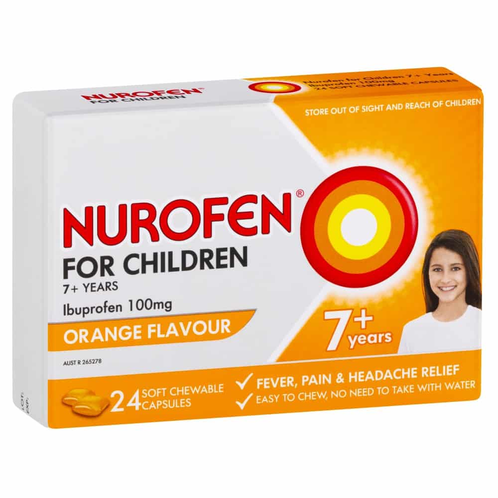 Nurofen for Children 7+ Years 24 Chewable Capsules Orange Kids Fevers Ibuprofen