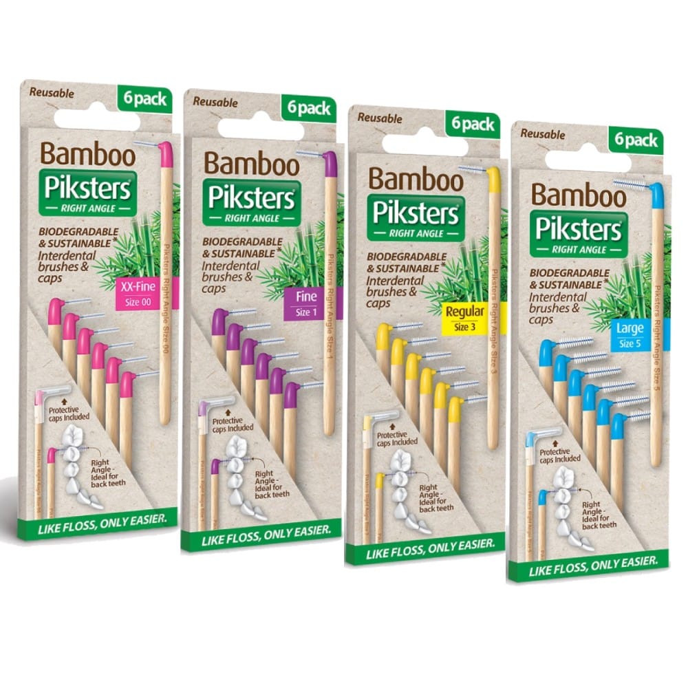 Bamboo Piksters Right Angled Interdental Brushes 6 Pack Choose Size 00, 1, 3, 5