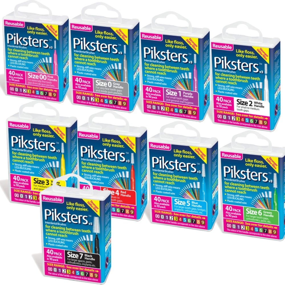 Piksters Interdental Brushes v3 40 Pack - Sizes 00 to 7 Reusable Easier Flossing
