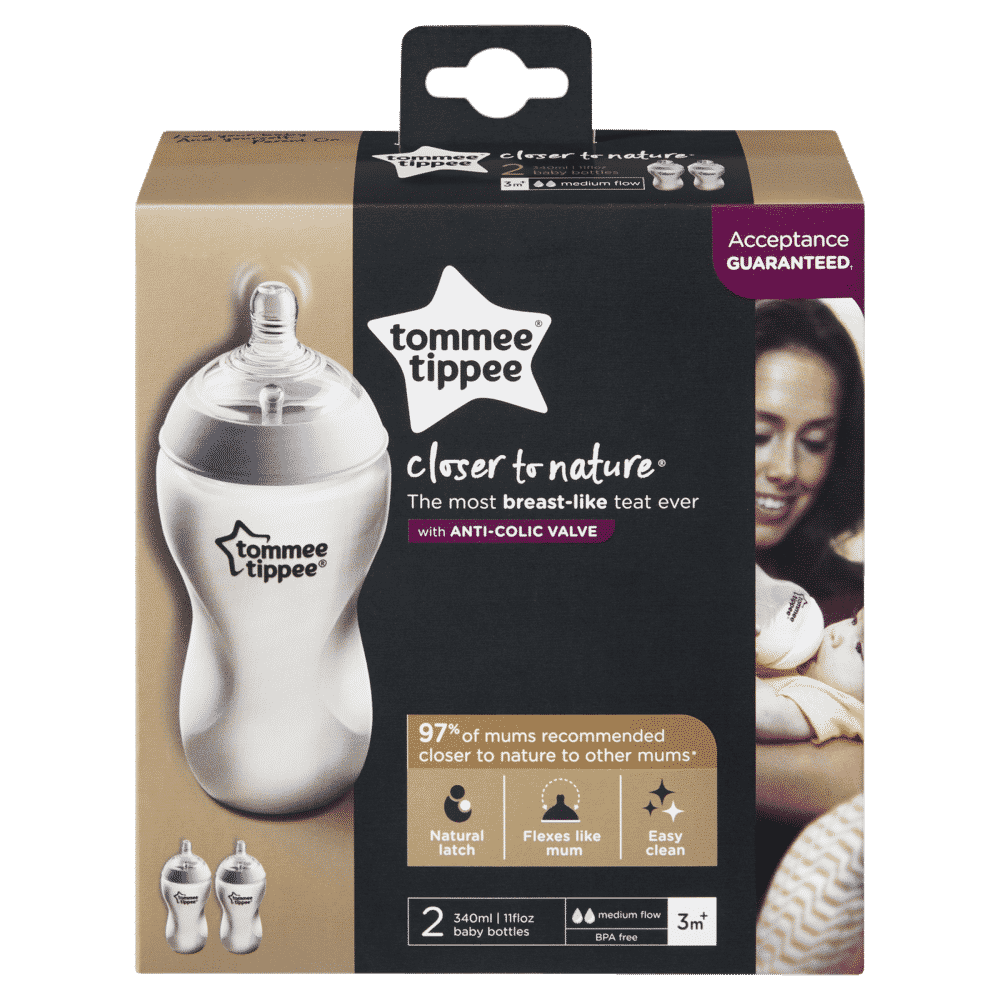 Tommee Tippee Closer to Nature Baby Bottles 2 x 340mL Natural Latch BPA Free 3m+