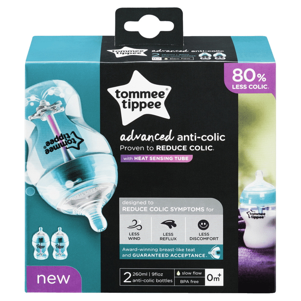 Tommee Tippee Advanced Anti-Colic Bottles 2 x 260mL Slow Flow BPA Free 0m+
