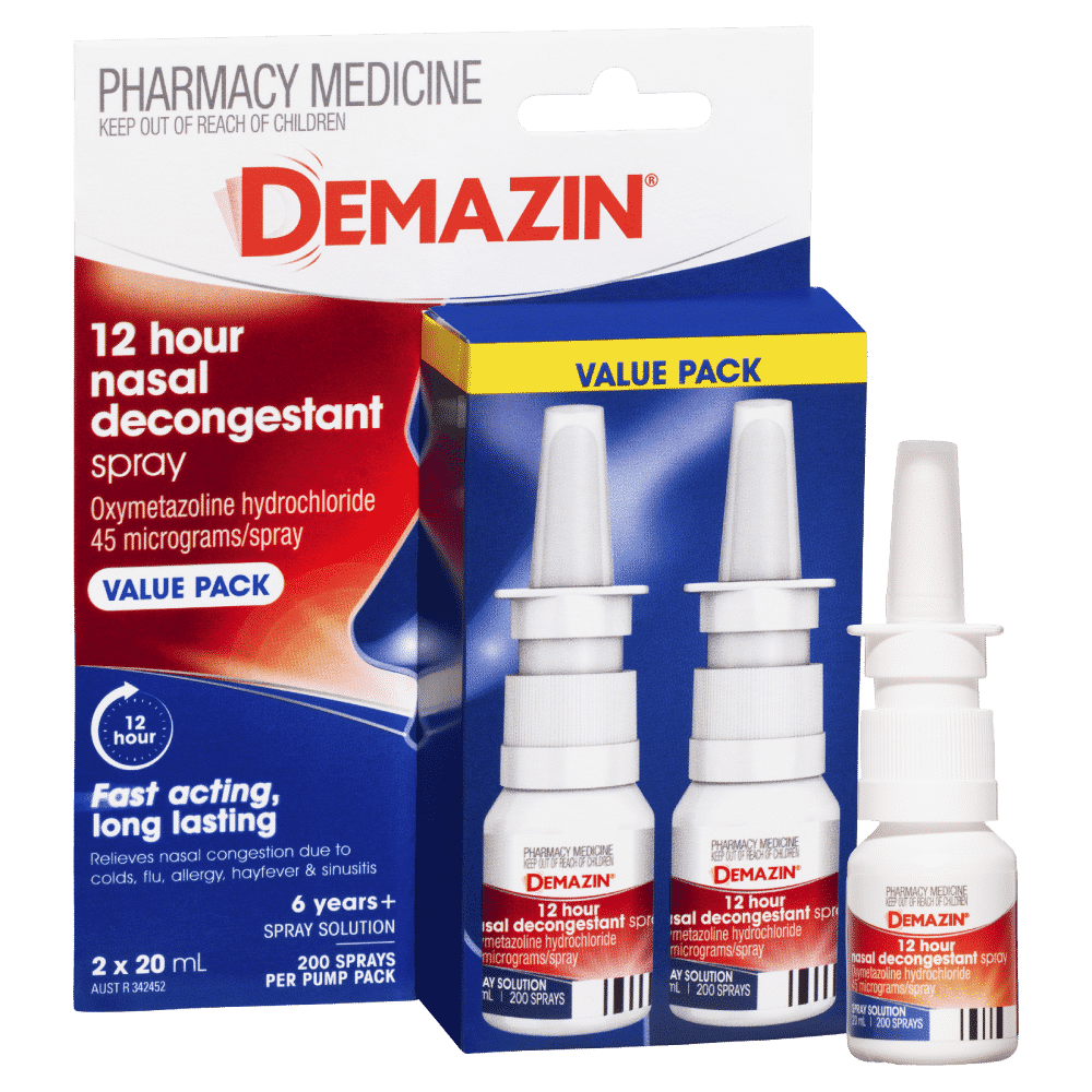 Demazin 12 Hour Nasal Decongestant Spray 2 x 20mL Fast Acting Long Lasting
