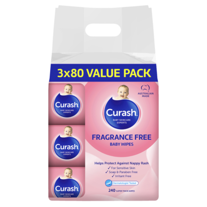 Curash Baby Wipes Fragrance Free 3 x 80 Value Packs