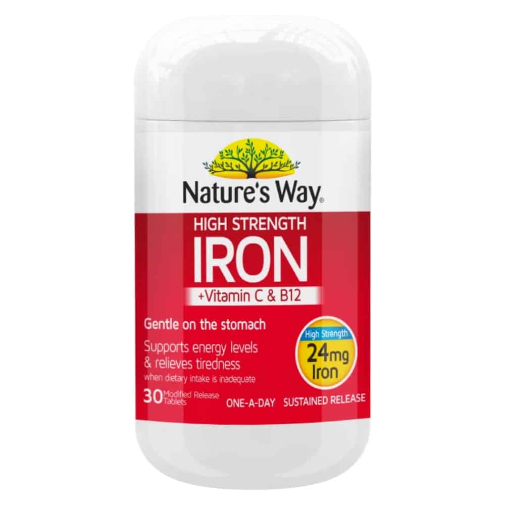 Nature's Way High Strength Iron 30 Tablets 24mg + Vitamin C & B12 Vegan