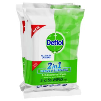 Dettol 2 in 1 Hands & Surfaces Antibacterial Wipes 3 x 15 Pack