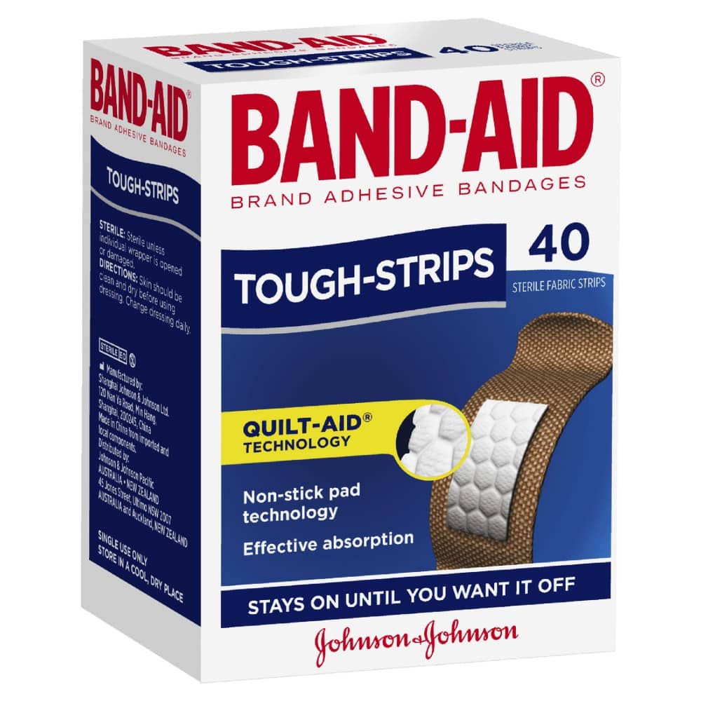 Band-Aid Tough-Strips 40 Pack Sterile Fabric Brand Adhesive Bandages Absorption