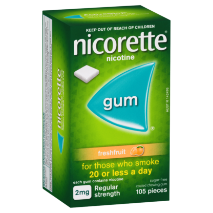 Nicorette Nicotine Gum Regular Strength Coated 2mg in the freshfruit flavour is a quit-smoking aid.