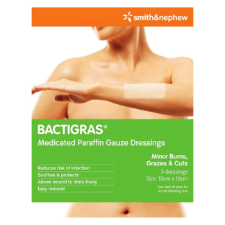 BACTIGRAS Medicated Paraffin Gauze Dressing 3 Pack (10cm x 10cm)