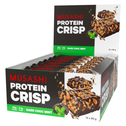 MUSASHI Protein Crisp 12 x 60g Bars - Dark Choc Mint Flavour