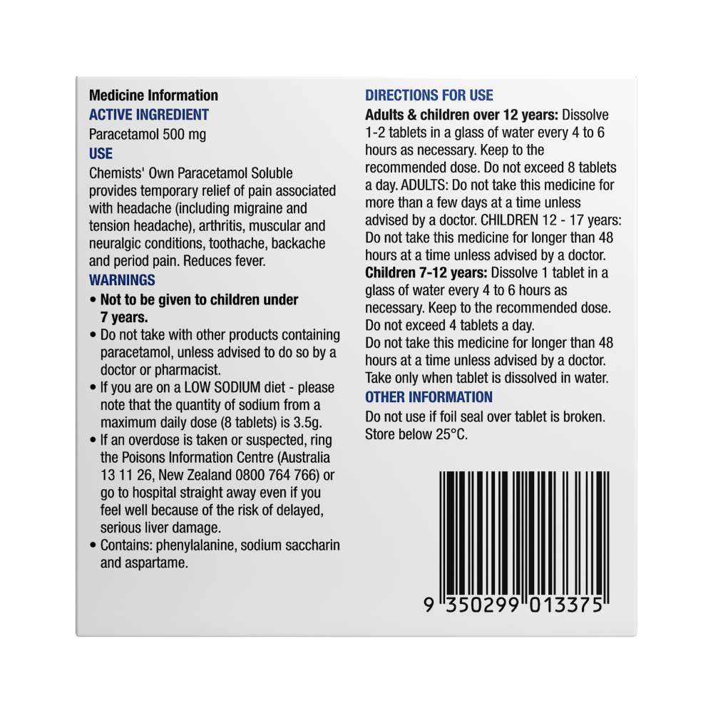 Chemists' Own Paracetamol Soluble 20 Tablets