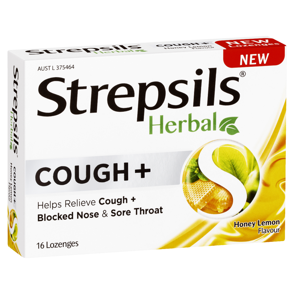 Strepsils Herbal Cough+ 16 Lozenges - Honey Lemon Flavour Sore Throat