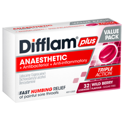 Difflam PLUS Anaesthetic Sore Throat 32 Lozenges - Wild Berry Flavour