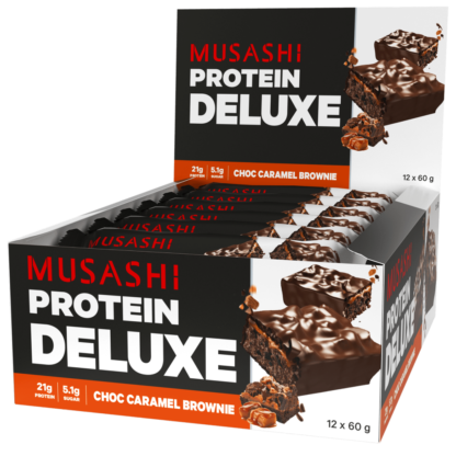 MUSASHI Deluxe Protein 12 x 60g Bars - Choc Caramel Brownie Flavour